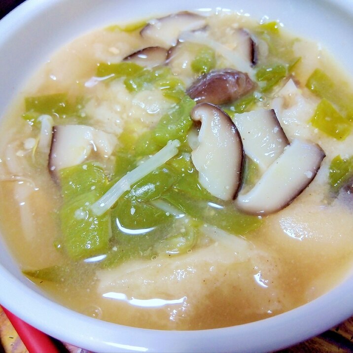 椎茸もやしピーマン麩の味噌汁